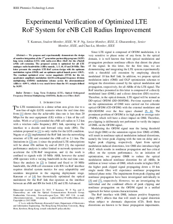 (PDF) Experimental Verification of Optimized LTE-RoF System for eNB ...