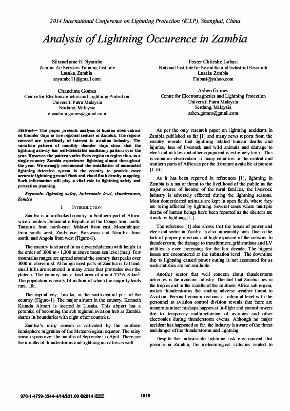 (PDF) Analysis of lightning occurence in Zambia