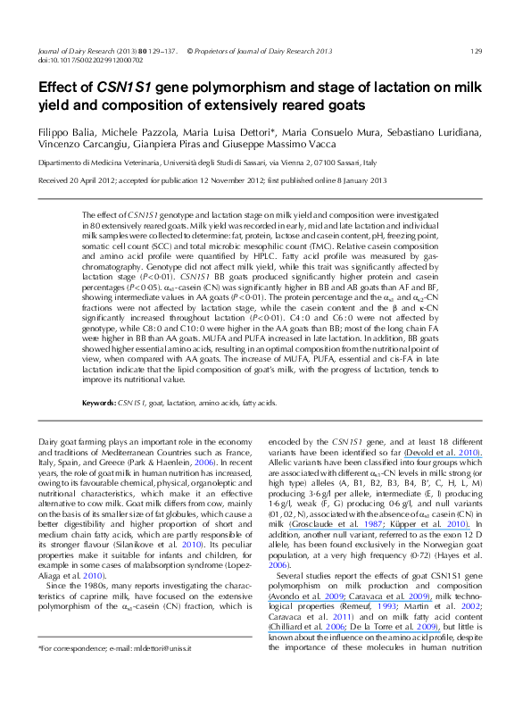 (PDF) Effect of CSN1S1 gene polymorphism and stage of lactation on milk ...