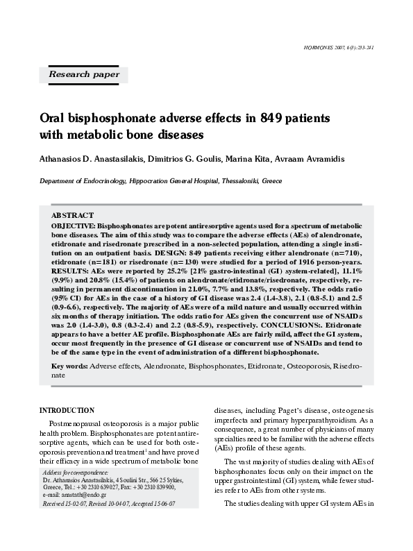 (PDF) Oral bisphosphonate adverse effects in 849 patients with ...
