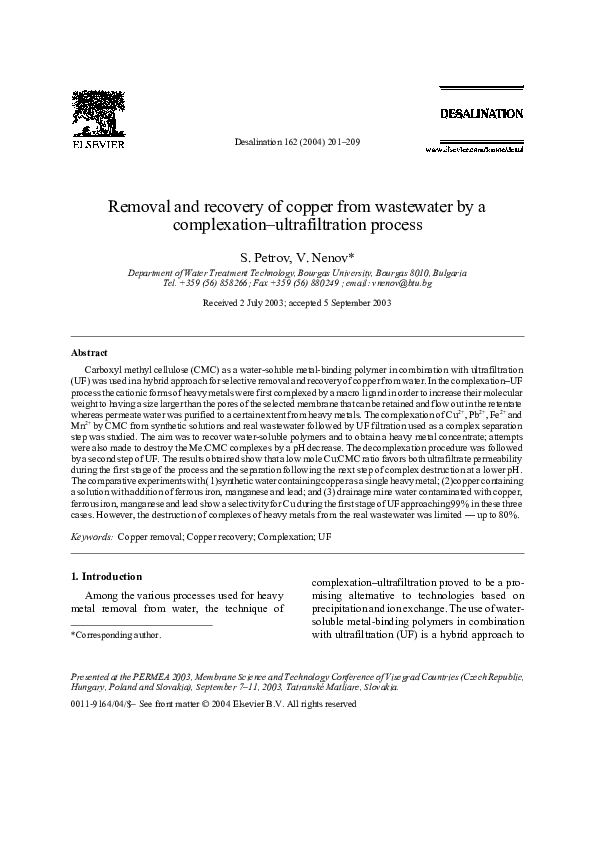 (PDF) Removal and recovery of copper from wastewater by a complexation ...