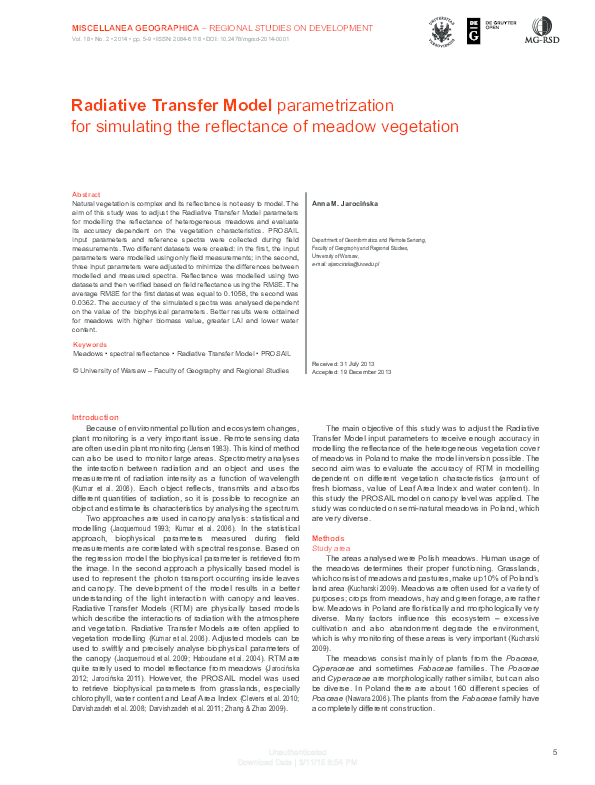 (PDF) Radiative Transfer Model parametrization for simulating the ...