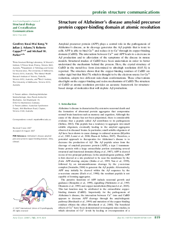 (PDF) Structure of Alzheimer's disease amyloid precursor protein copper ...