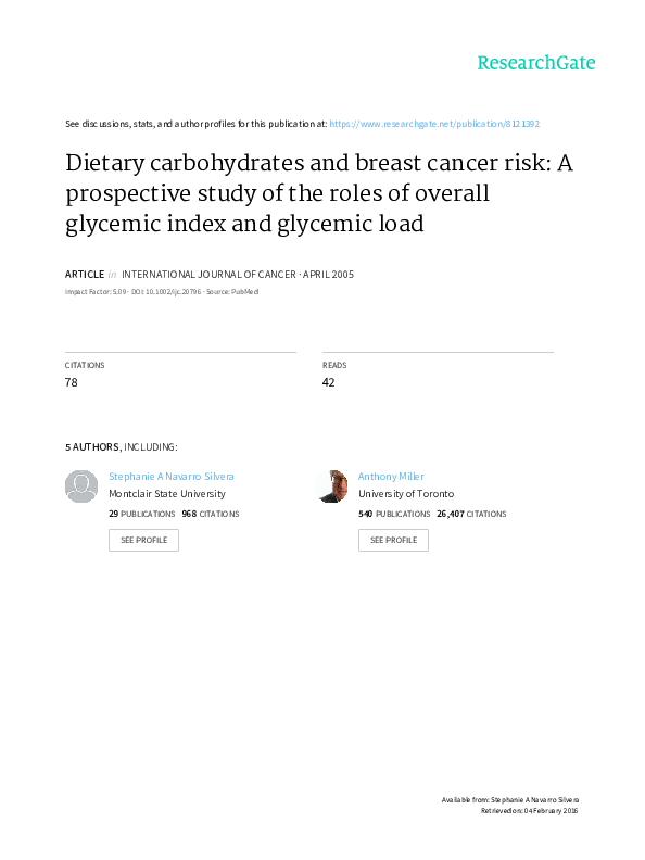 Dietary carbohydrates and breast cancer risk: A prospective study of the roles of overall glycemic index and glycemic load