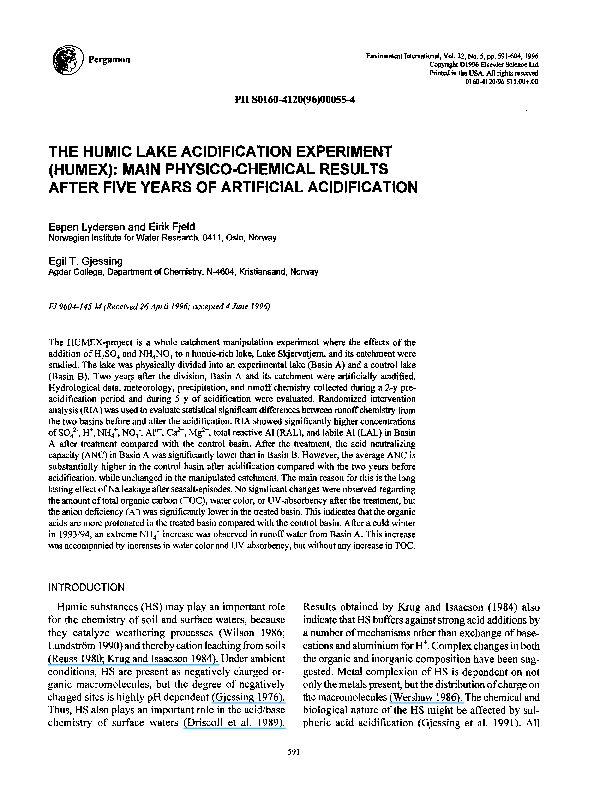 (PDF) The Humic Lake Acidification Experiment (HUMEX): Main physico ...