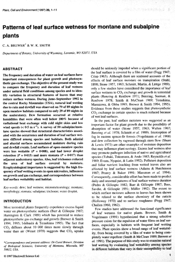 (PDF) Patterns of leaf surface wetness for montane and subalpine plants