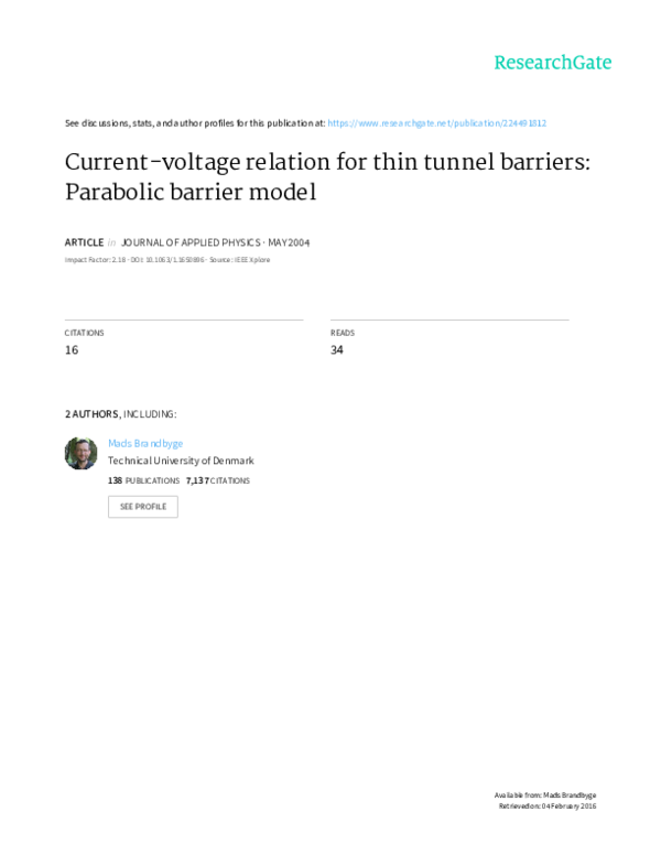 (PDF) Currentvoltage relation for thin tunnel barriers Parabolic