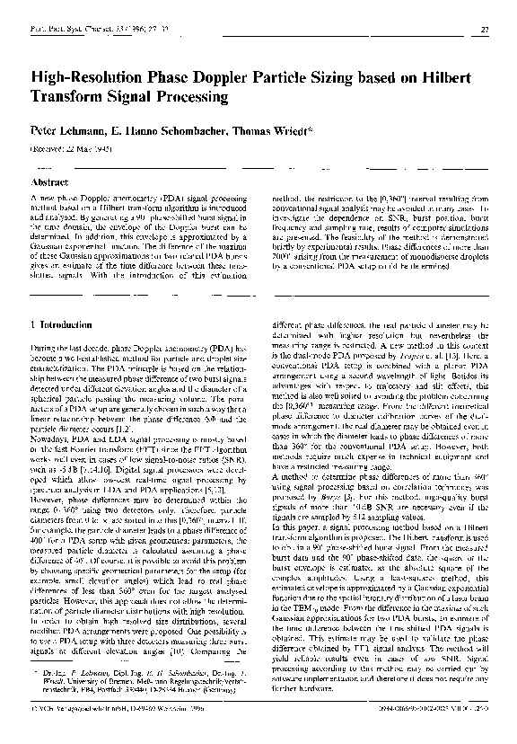 (PDF) HighResolution Phase Doppler Particle Sizing based on Hilbert