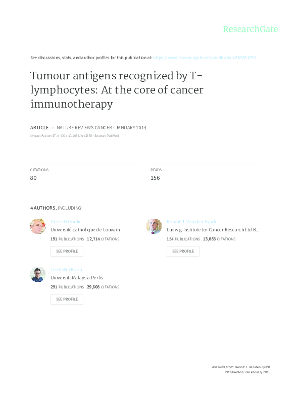 (PDF) Tumour antigens recognized by T lymphocytes: at the core of ...