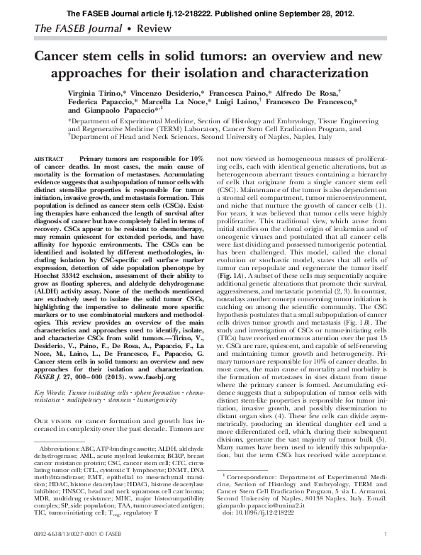 (PDF) Cancer stem cells in solid tumors: an overview and new approaches ...