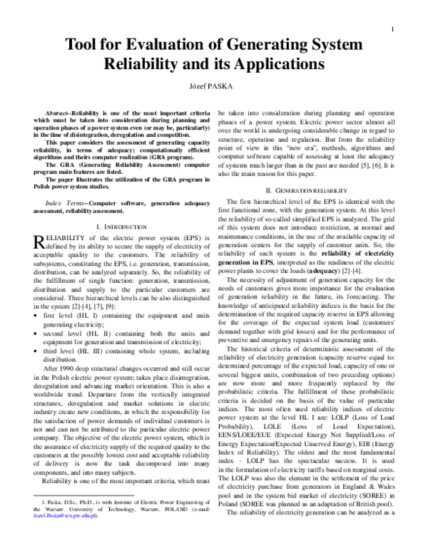 (PDF) Tool for evaluation of generating system reliability and its ...