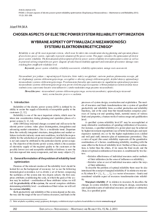 (PDF) Chosen aspects of electric power system reliability optimization