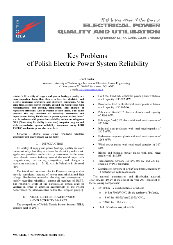 (PDF) Key problems of Polish electric power system reliability