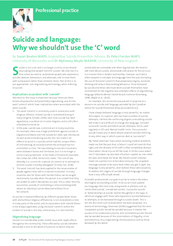 (PDF) Suicide and language: Why we shouldn't use the 'C' word