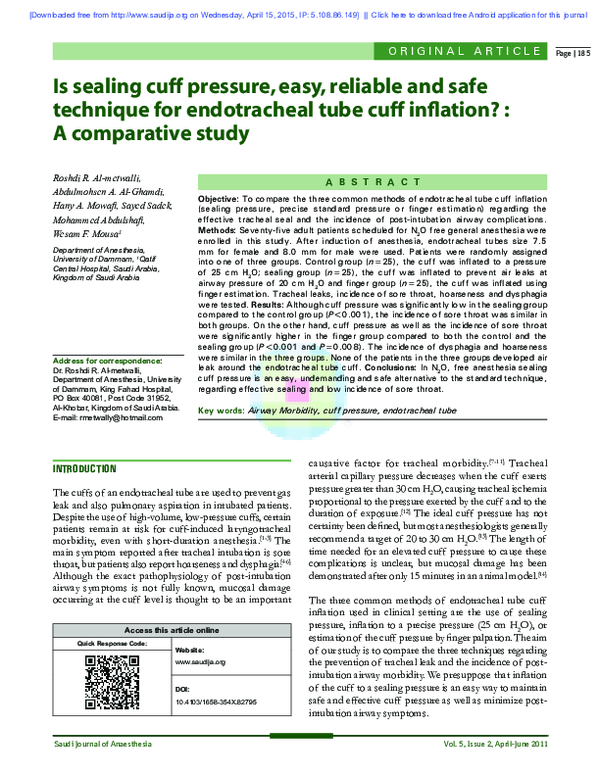 (PDF) Is sealing cuff pressure, easy, reliable and safe technique for ...