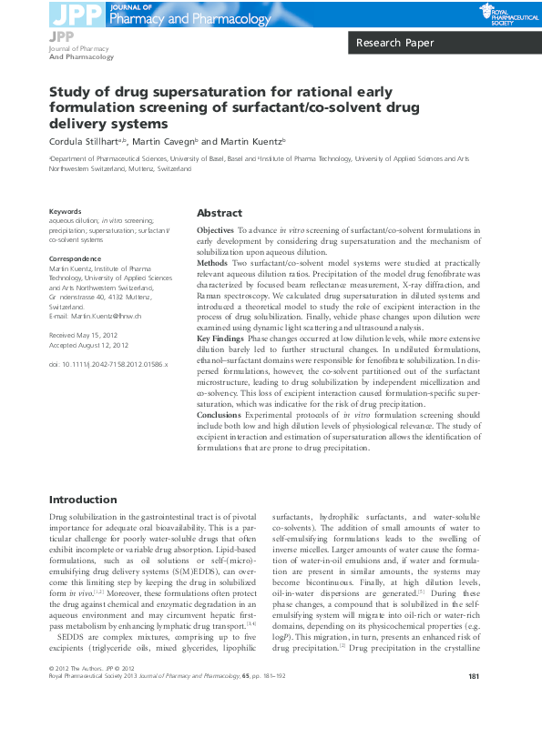 (PDF) Study of drug supersaturation for rational early formulation ...