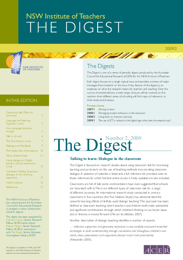 (PDF) The Digest edition 2009/2 : Talking to learn: dialogue in the ...