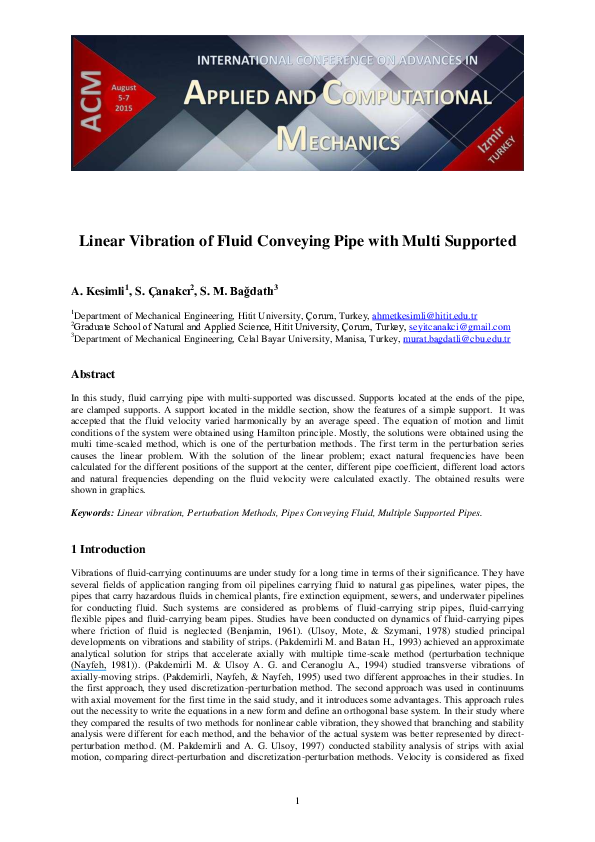 (PDF) Linear Vibration of Fluid Conveying Pipe with Multi Supported