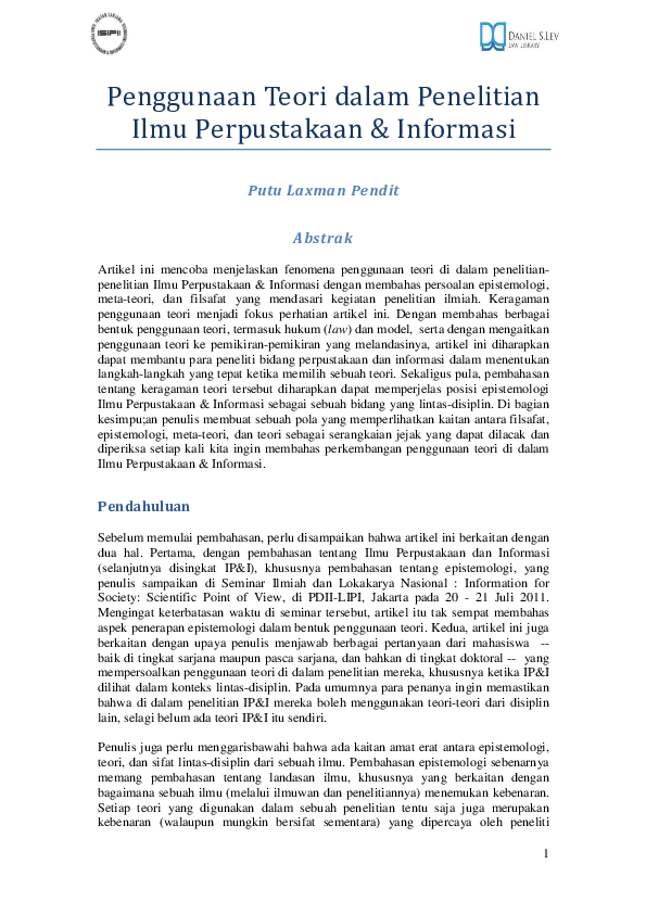(PDF) Penggunaan Teori dalam Penelitian Ilmu Perpustakaan (PDF) Penggunaan Teori dalam Penelitian Ilmu Perpustakaan