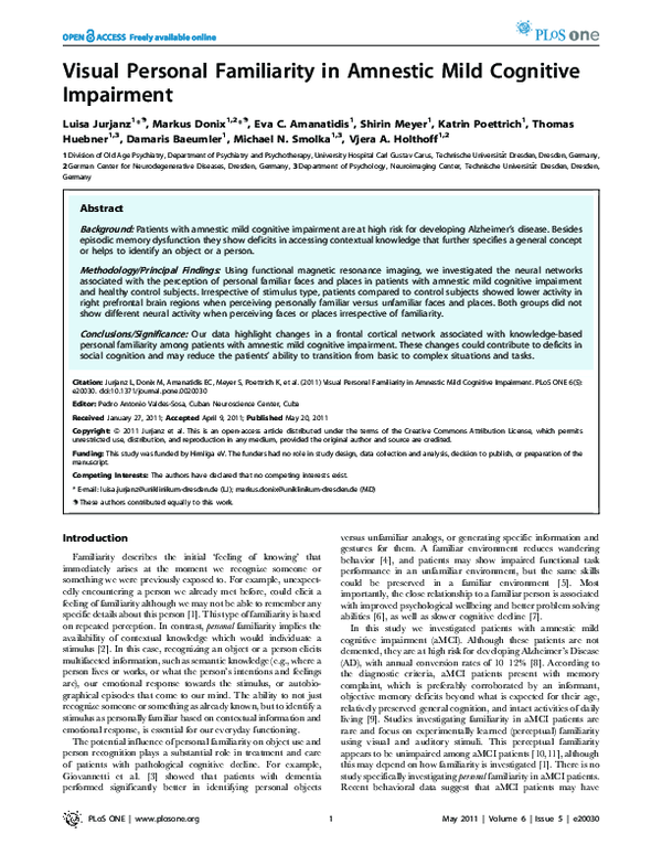 (PDF) Visual Personal Familiarity in Amnestic Mild Cognitive Impairment