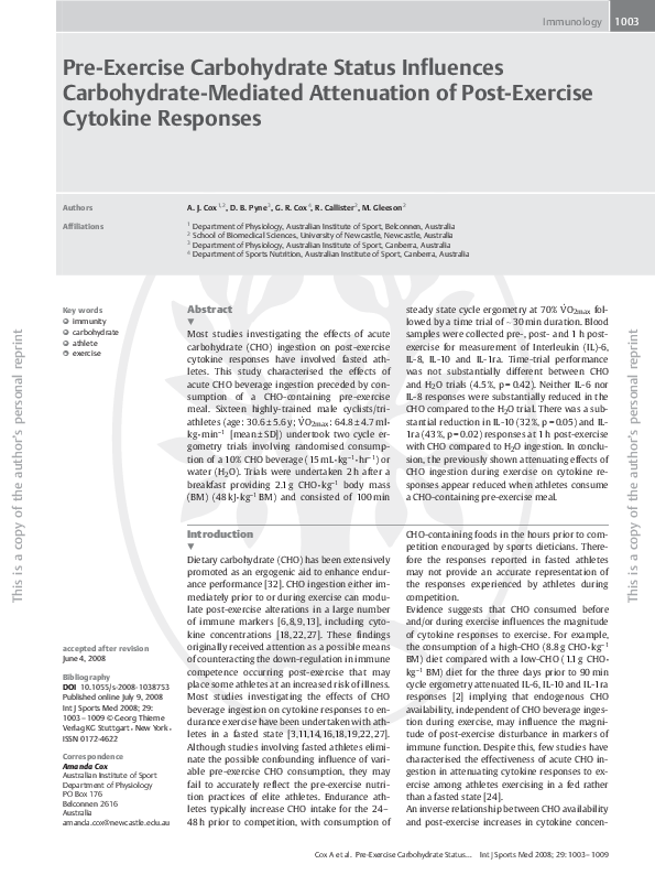 (PDF) Preexercise carbohydrate status influences carbohydratemediated
