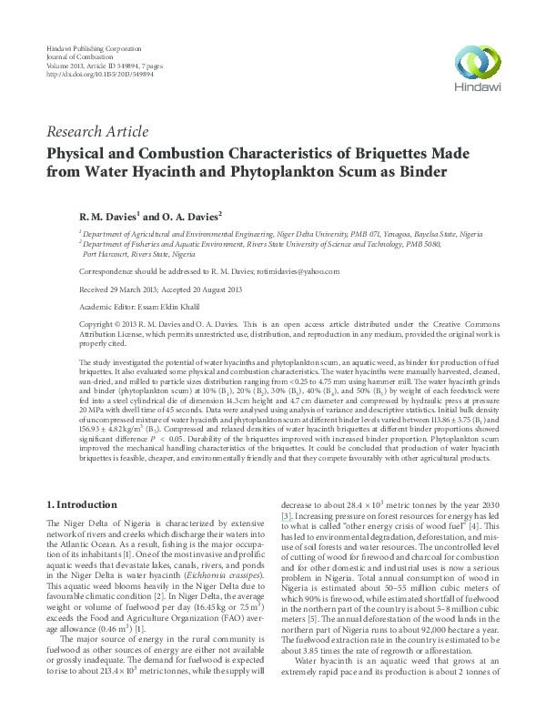 (PDF) Physical and Combustion Characteristics of Briquettes Made from