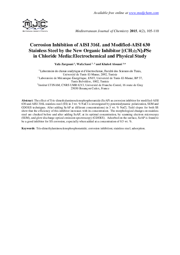 (PDF) Corrosion Inhibition of AISI 316L and Modified-AISI 630 Stainless ...