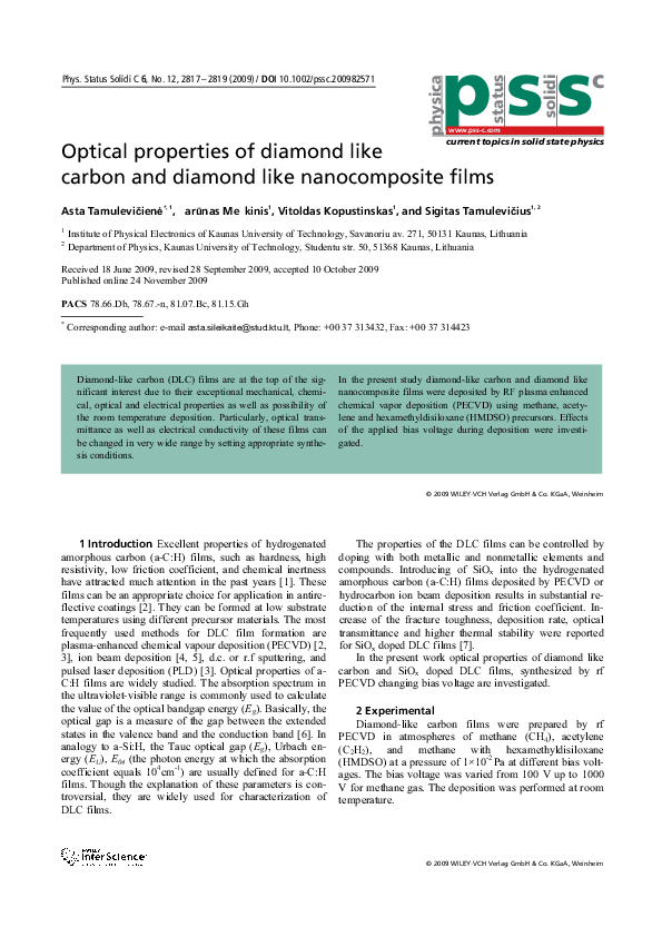 (PDF) Optical properties of diamond like carbon and diamond like films Vitoldas