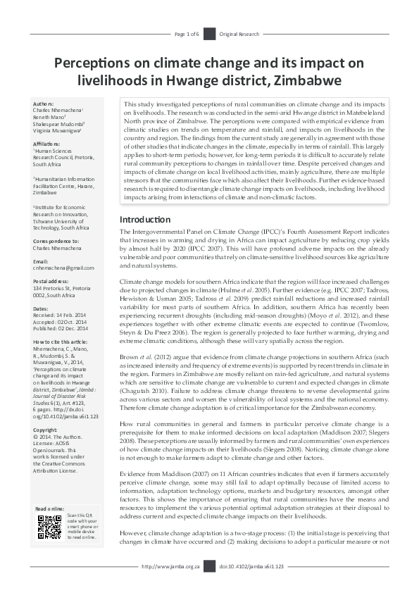 (PDF) Perceptions on climate change and its impact on livelihoods in ...