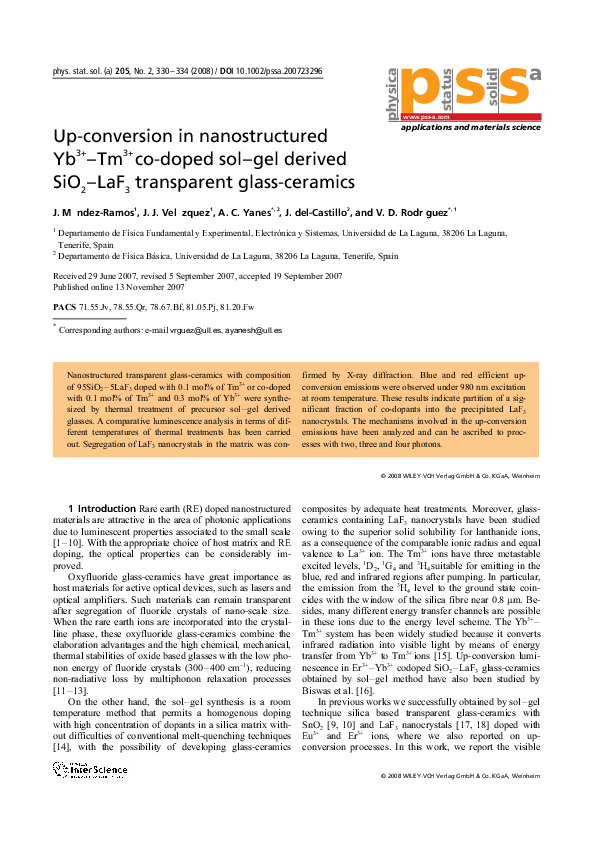 (PDF) Upconversion in nanostructured Yb 3+ Tm 3+ codoped solgel
