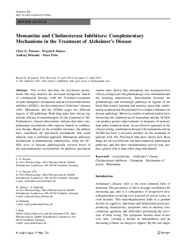(PDF) Memantine and Cholinesterase Inhibitors: Complementary Mechanisms ...