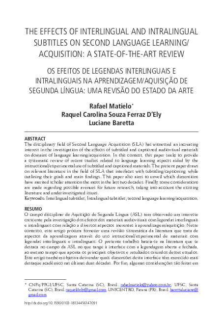 (PDF) The effects of interlingual and intralingual subtitles on second ...