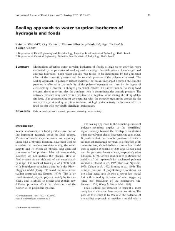 (PDF) Scaling approach to water sorption isotherms of hydrogels and foods