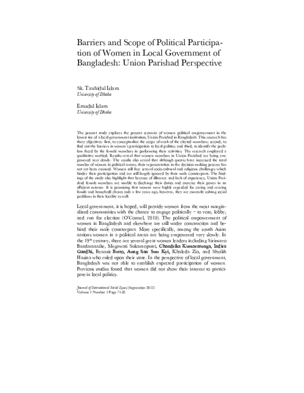 (PDF) Barriers and Scope of Political Participa- tion of Women in Local ...