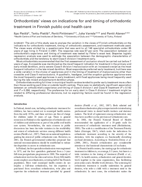 (PDF) Orthodontists' views on indications for and timing of orthodontic