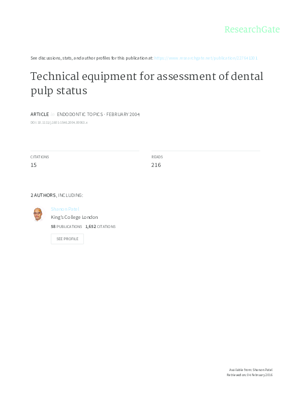 (PDF) Technical equipment for assessment of dental pulp status