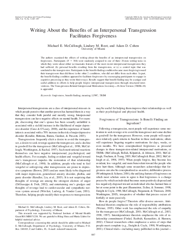 (PDF) Writing about the benefits of an interpersonal transgression ...