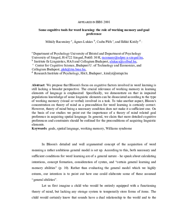 (PDF) Some cognitive tools for word learning: The role of working ...