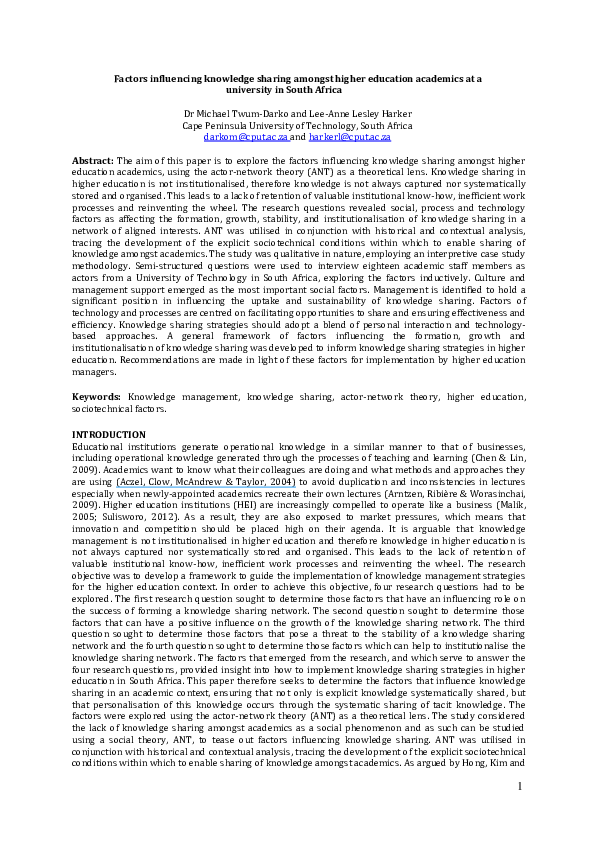 (PDF) Factors influencing knowledge sharing amongst higher education ...