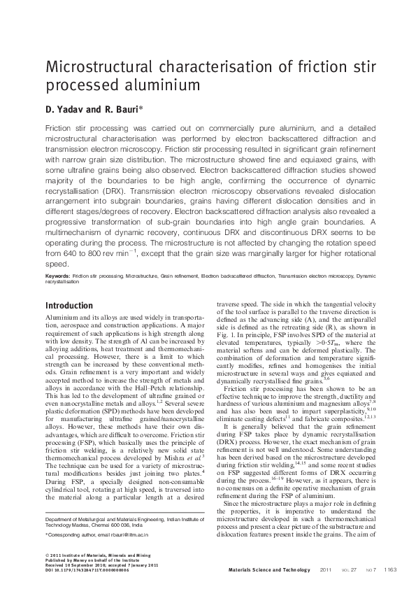(PDF) Microstructural characterisation of friction stir processed aluminium