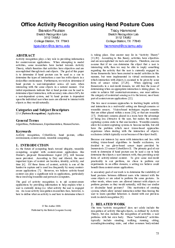 (PDF) Office activity recognition using hand posture cues