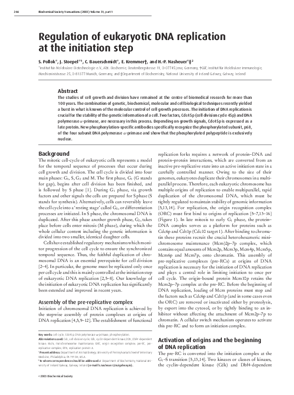 (PDF) Regulation of eukaryotic DNA replication at the initiation step