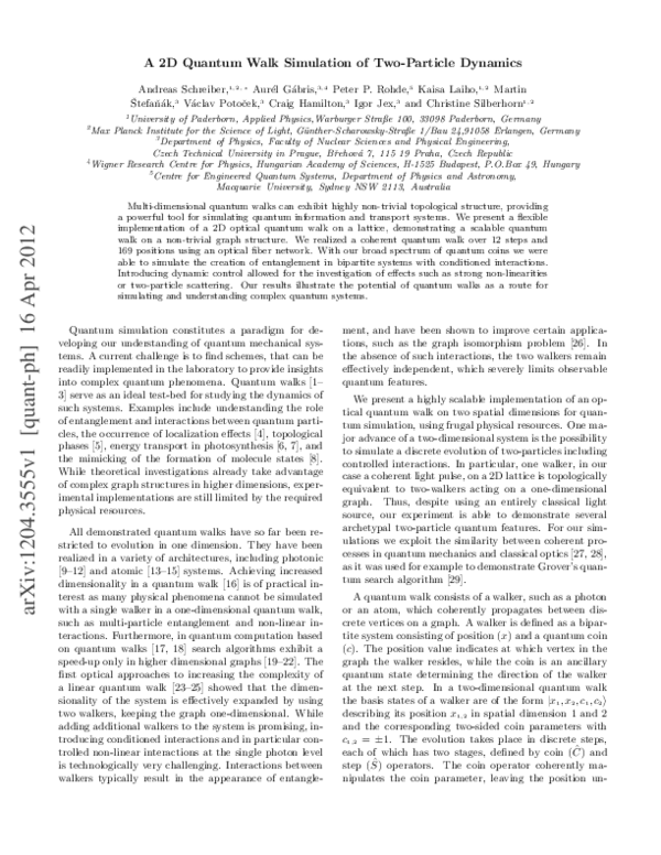 (PDF) A 2D Quantum Walk Simulation of Two-Particle Dynamics