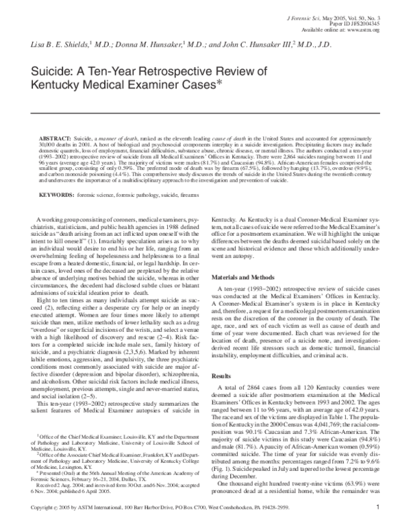 (PDF) Suicide A TenYear Retrospective Review of Kentucky Medical