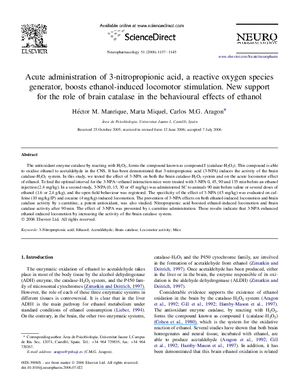 (PDF) Acute administration of 3-nitropropionic acid, a reactive oxygen ...