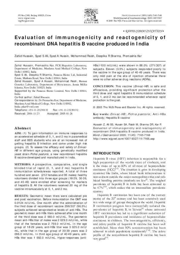 (PDF) Evaluation of immunogenicity and reactogenicity of recombinant ...