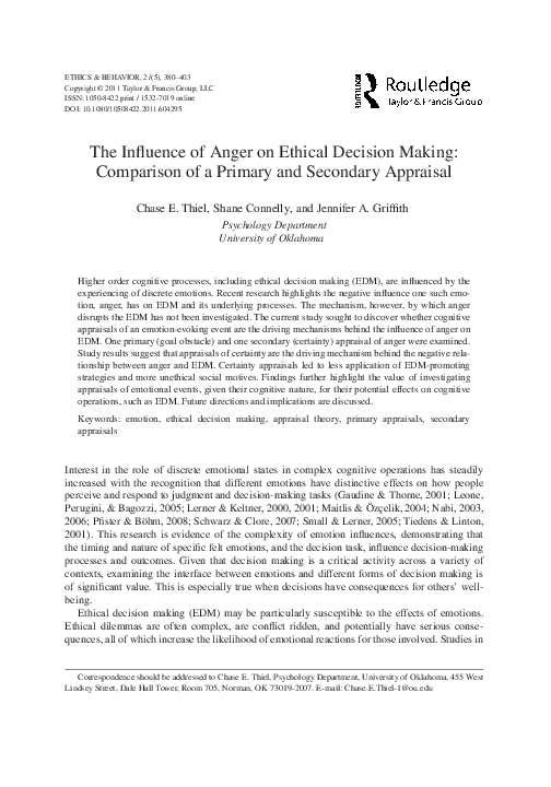 (PDF) The Influence of Anger on Ethical Decision Making: Comparison of ...