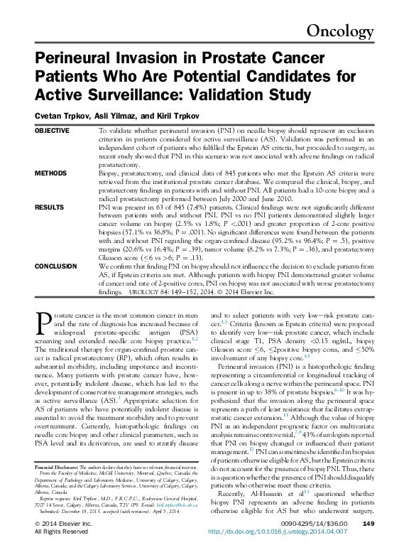 Perineural Invasion in Prostate Cancer Patients Who Are Potential