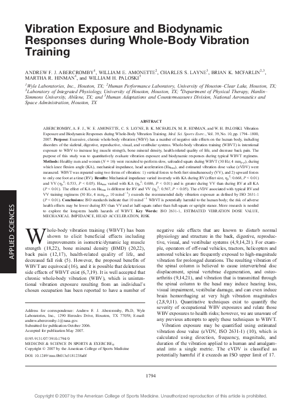 (PDF) Vibration Exposure and Biodynamic Responses during Whole-Body ...