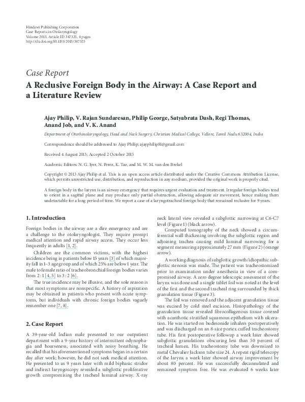 (PDF) A Reclusive Foreign Body in the Airway: A Case Report and a ...